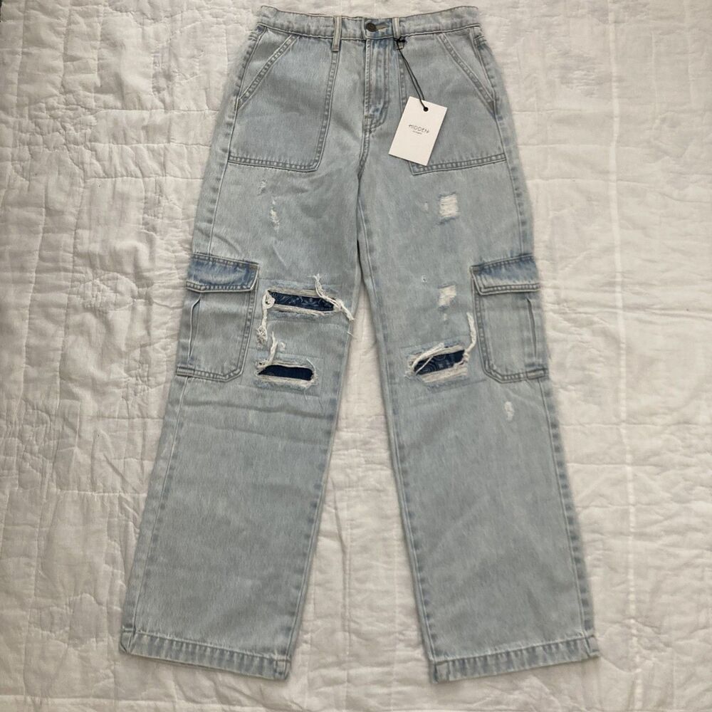 NWT Hidden LA Jeans Logan Patchwork Boho Dad Jeans Light Blue Denim Womens 26